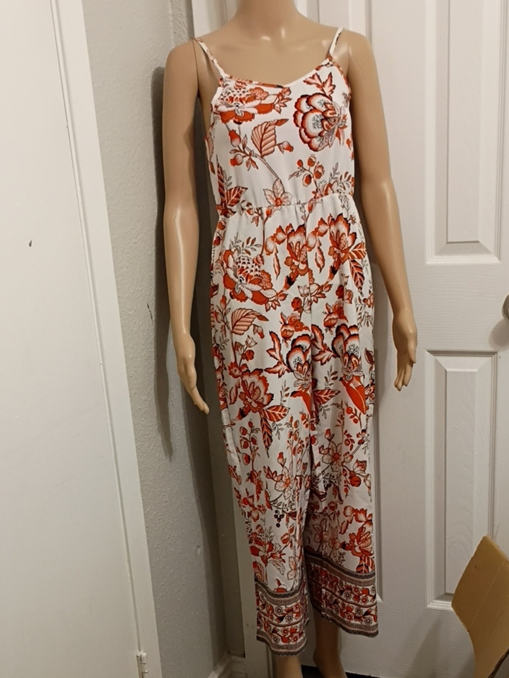 Floral Print Spaghetti Strap Jumpsuit - White & Orange